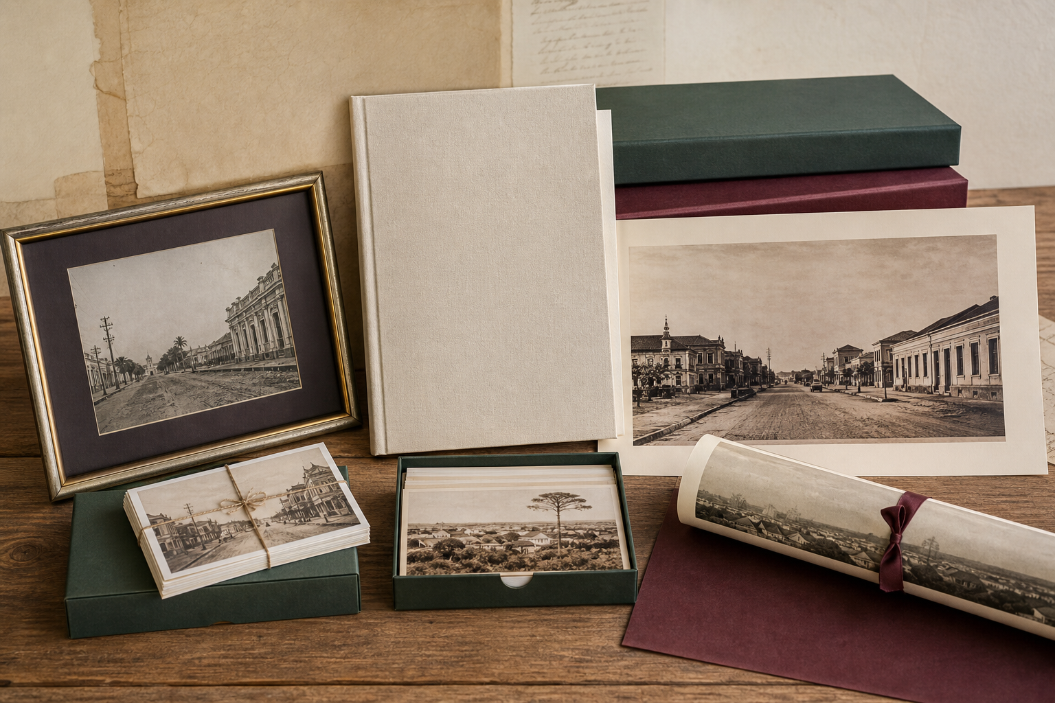 Demonstração de livros, fotografias históricas, cartões e impressos de memória local